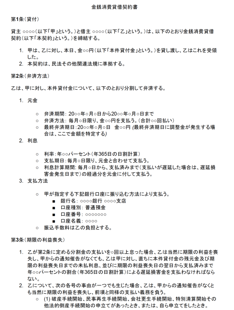 金銭消費貸借契約書
